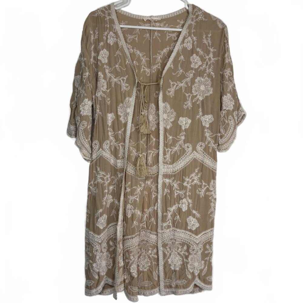 Solitaire Boho Embroidered Cardigan Cover Up Robe Jacket Beige Lace Medium